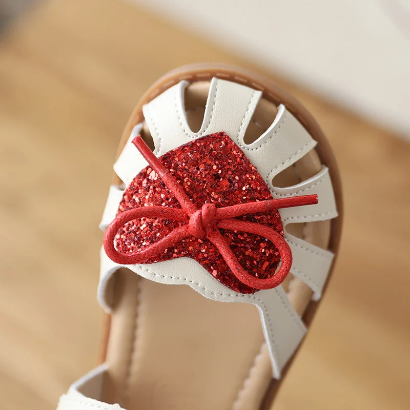 Girls' Roman Sandals 26 Summer New Pink Fashion Genuine Leather Baotou Children's Sandals Soft Bottom Cute Bow Baby Beach Shoes