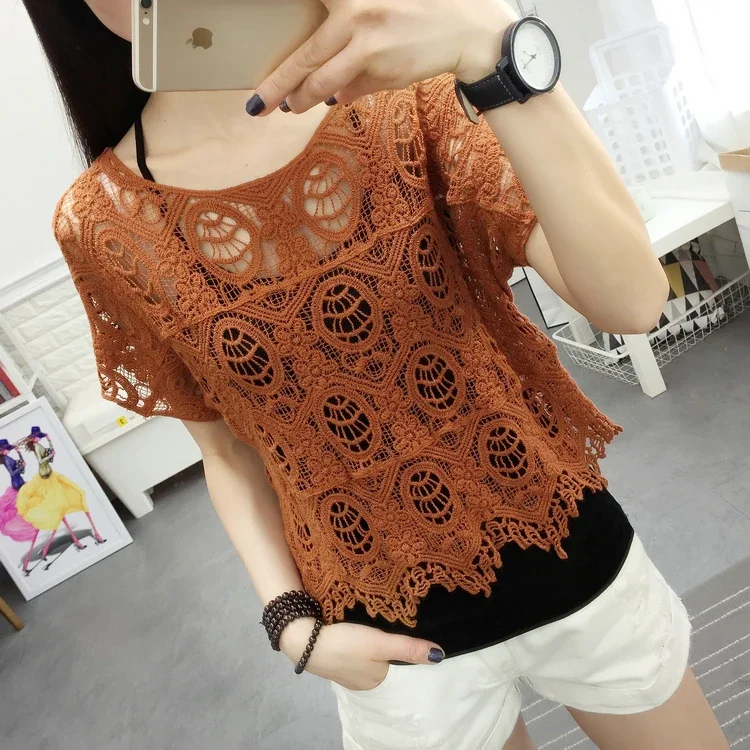 Summer New Crocheted Hollow Lace Shirt Women\'s Loose Short Short Sleeve T-shirt Top Bottoming Shirt Women\'s