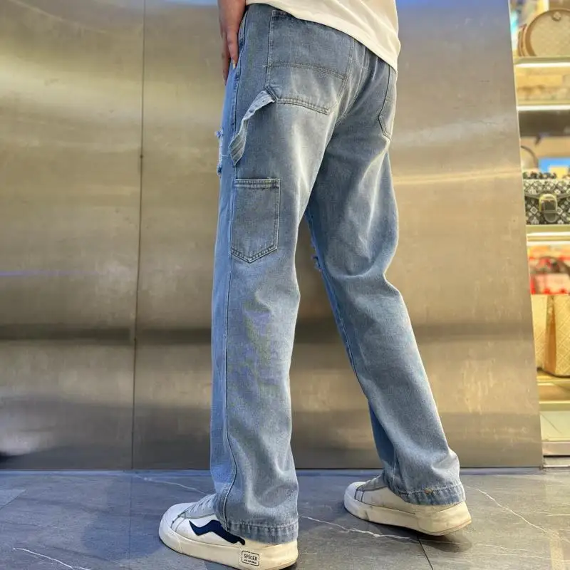 Men's Summer Ripped Wide Leg Jeans Vintage Light Blue Loose Straight Casual Denim Pants Y2K Streetwear Trendy Trousers