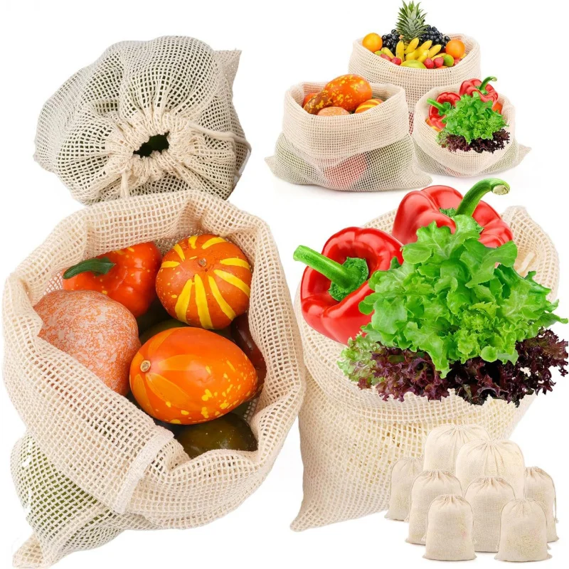 

【8 Pack 4-Spec Cotton Storage Bags】Natural Organic Cotton Mesh Bags, Reusable Full-Cotton Produce Bags for Fruits & Vegetables