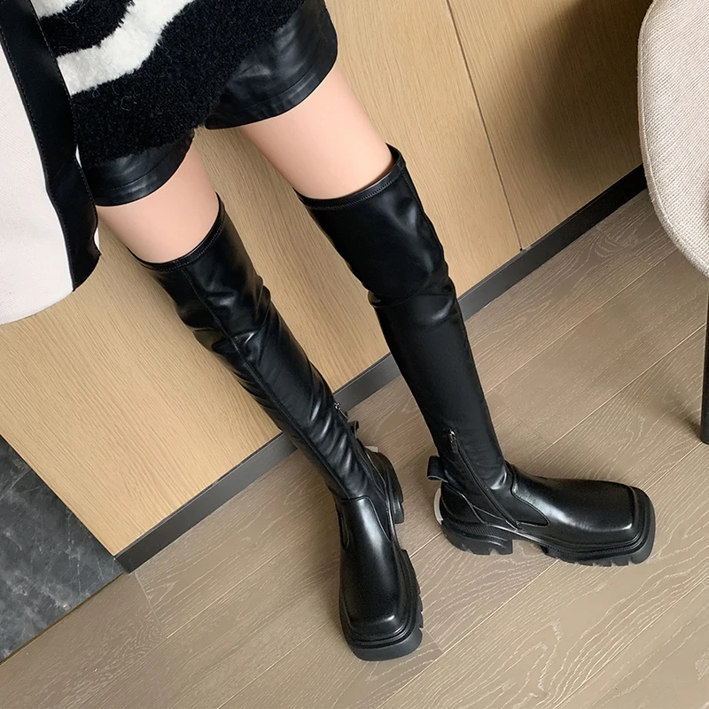 

Women's High boots Over the Knee Street Style Stretch Boots Modern Winter Shoes Side Zip Women Platform Denim Boots Square Toe