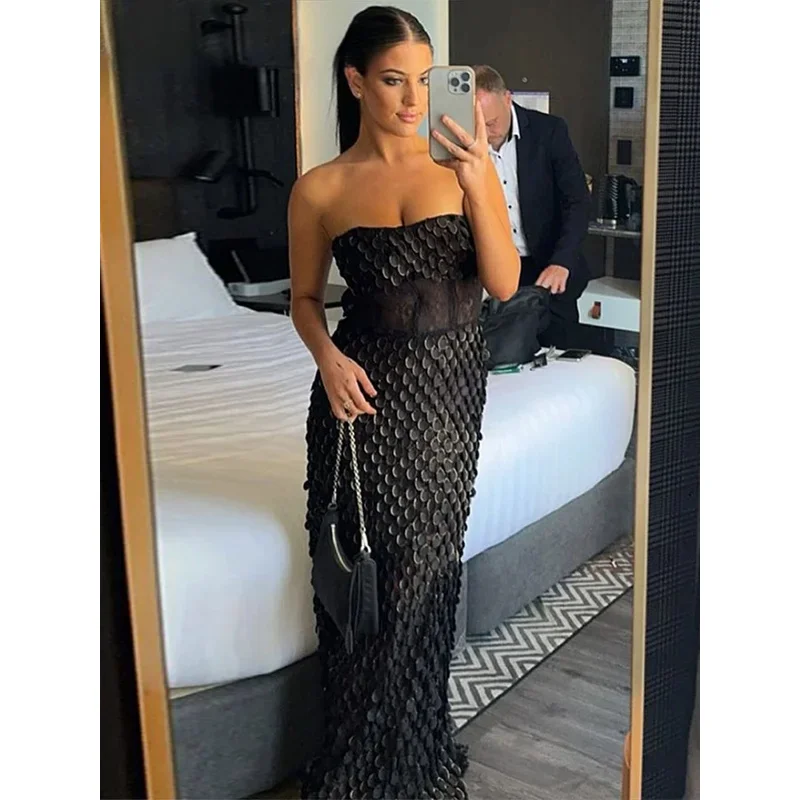 JINIA Urban Sequined Long Dress Women Sexy Solid Tube Sleeveless Party Female Dresses 2025 Summer Lady Patchwork Vacation Robes