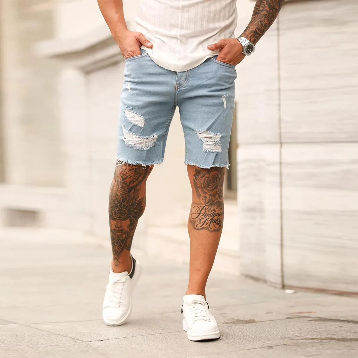 

Men Jeans Distressed Denim Pants Washing Knee Length Slight Strech Slim Fit Mid Waist Pockets Solid Casual Zipper Fly 2024