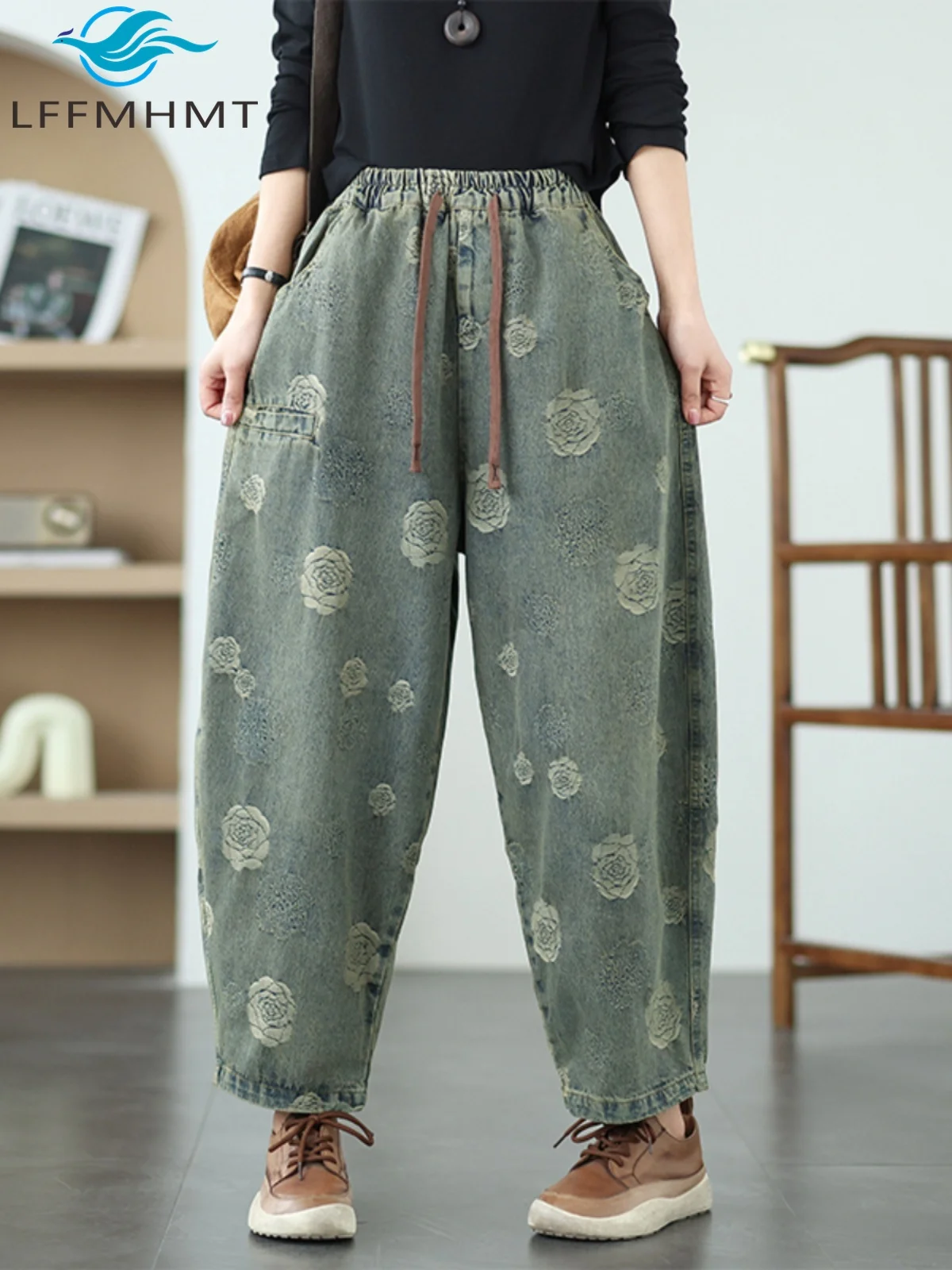 

Vintage Rose Jacquard Harem Denim Pants for Women Spring New Fashion Elastic Waist Loose Casual Retro Jeans Good Quality Trouser