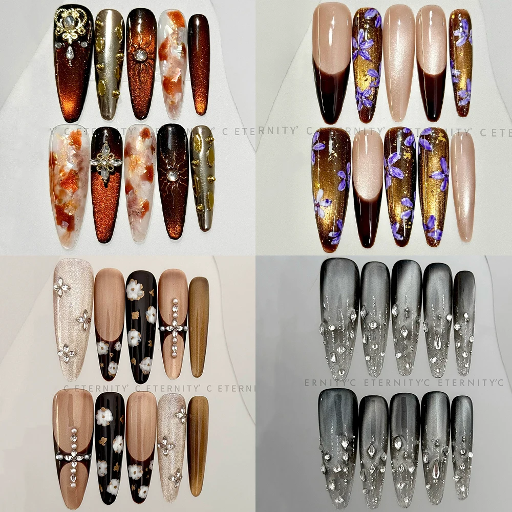 

High Quality Long Coffin Stilettos Handmade Reusable Full Cover Nails Cat Eyes Flower Diamond Bowknot French Press On Nails