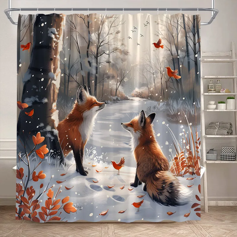 LSDTLS Shower Curtain Winter Forest Fox Bath Curtains Modern Polyester Fabric Home Bathroom Decor with Hooks