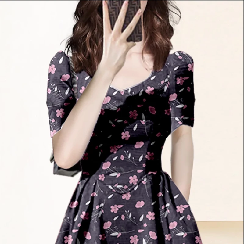 Fashion Square Collar Printed Pockets Folds Puff Sleeve Party Dress Women's Clothing 2024 Summer New Loose Elegant Floral Dress