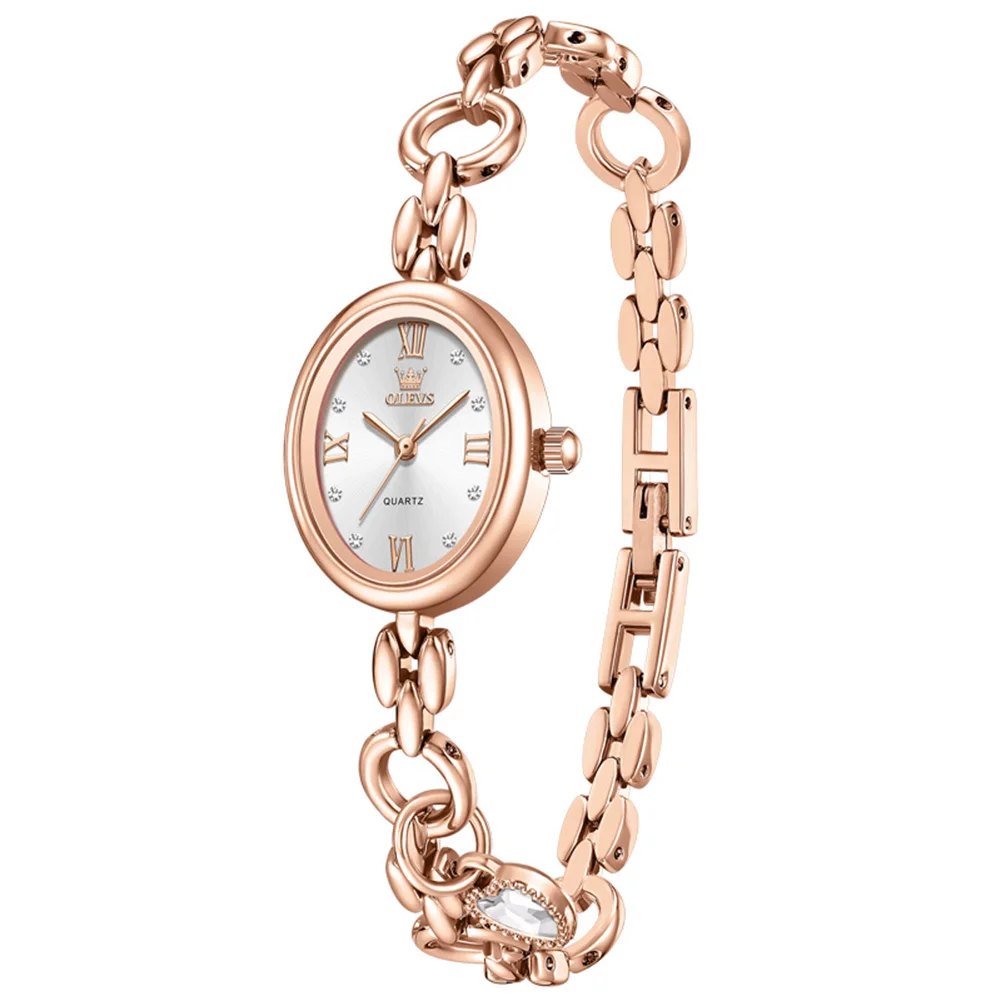 OLEVS Brand Ladies Watch Luxury Rose Gold Rhinestone Decor Bracelet Strap Simple Elegant Female Quartz Watch Gift for Women