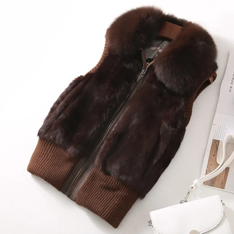 Chaleco de punto con cuello de piel de zorro de conejo Real genuino para mujer, chaqueta de piel de invierno, prendas de vestir cortas informales, delgadas con cremallera