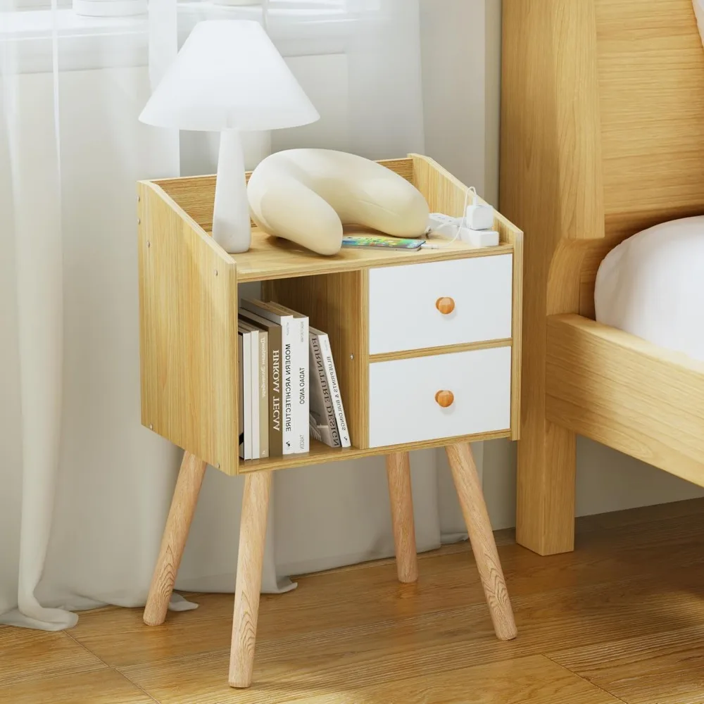 

Bedside Table With 2 Drawers Mid Century Modern Nightstand Natural Wood End Table Side Table for Bedroom Home Furniture