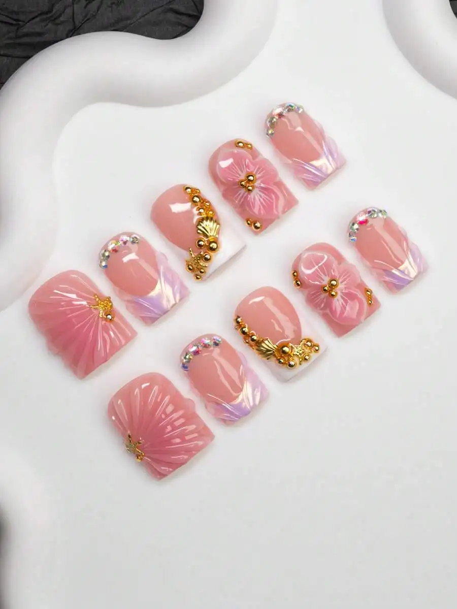

10pcs Handmade Square Nail Tips Pink Nude With Floral Rhinestone Shell Decor For Party Wedding Daily Wear