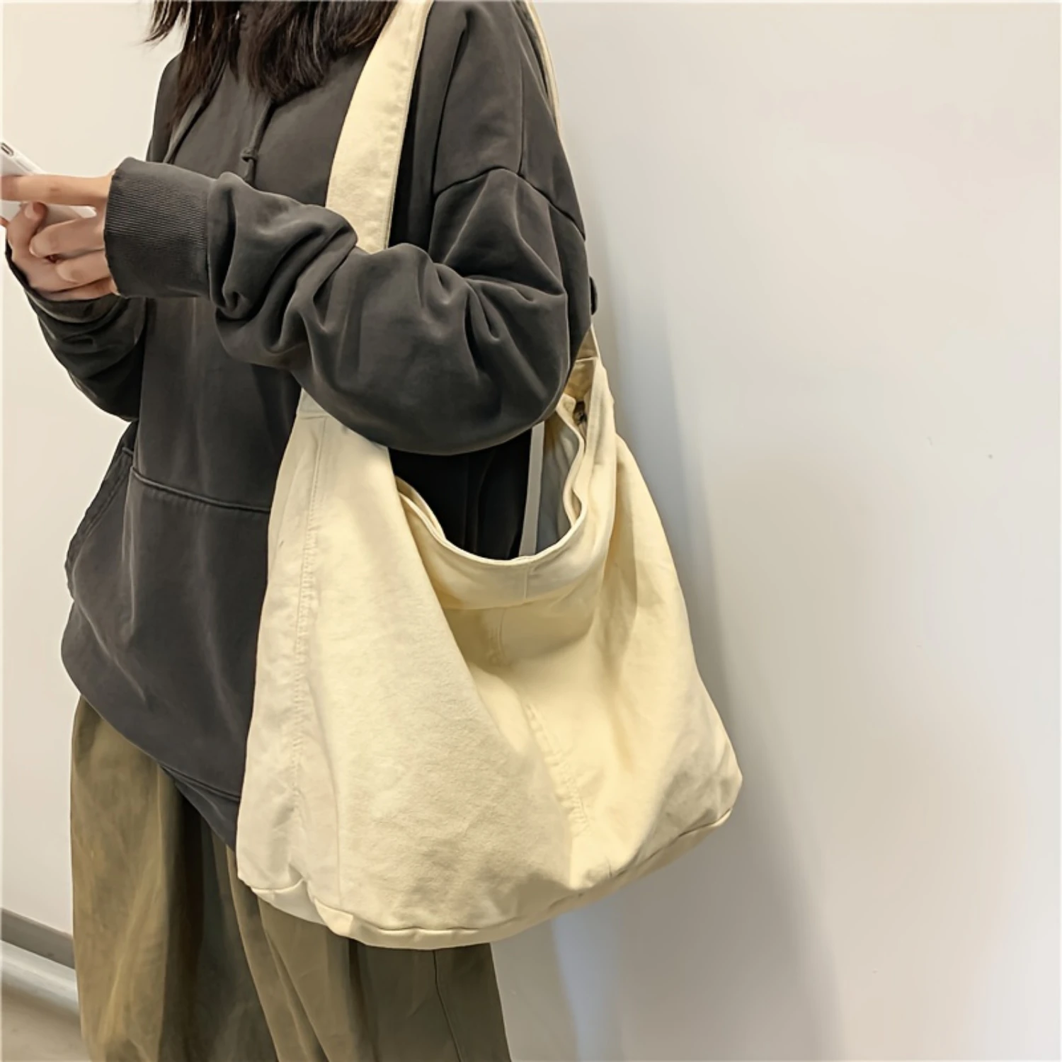 Capacity Canvas Shoulder Bag, Minimalist Crossbody Bag, Trendy Simple Hobo Bag For School Travel Work