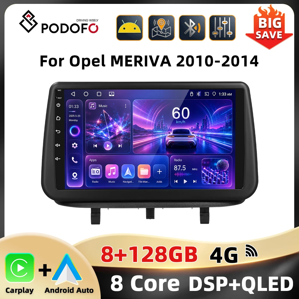 Podofo 8+128G 4G Radio Samochodowe Dla Opel MERIVA 2010-2014 Bezprzewodowy CarPlay Android Auto WIFI 4G AM FM RDS GPS DAB Mirror Link Odtwarzacz Multimedialny do Samochodu