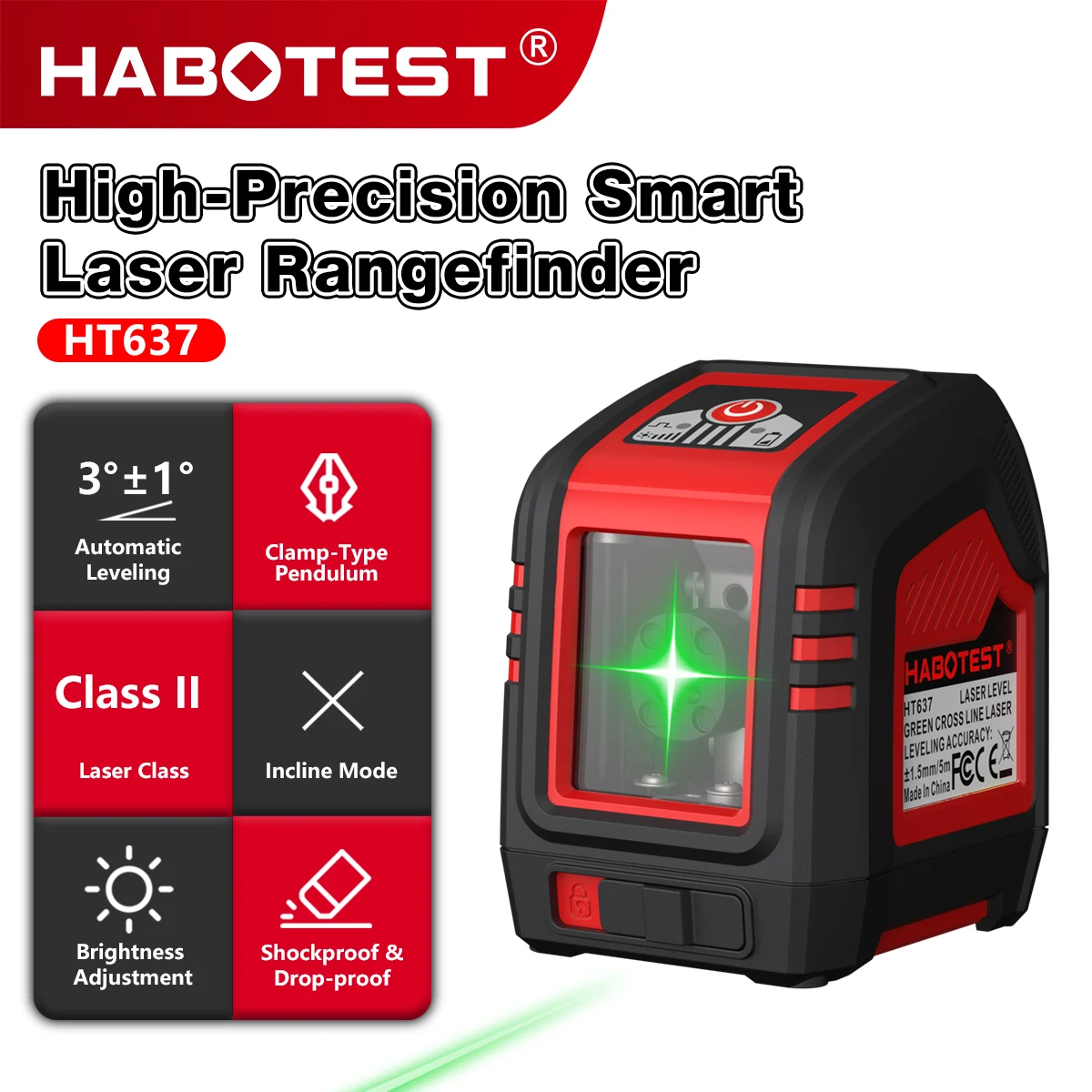 HT 637 High Precision Green Laser Level 2 Cross Line Auto Self Level Incline Mode Drop-Proof TPE Housing 30m Working Distance