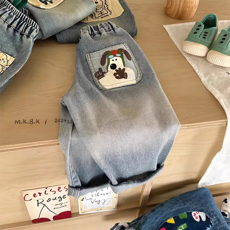 New Kid Boys Denim Pants Spring Autumn Elastic Waist Cartoon Sticker Pockets Children Boys Jeans Loose Casual Baby Boys Trousers