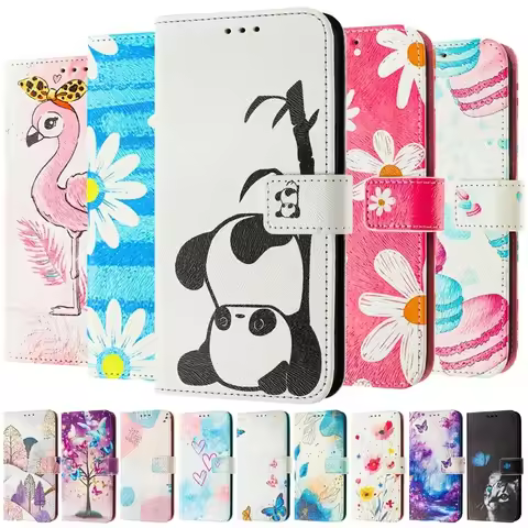 A22 Leather Phone Case For Samsung Galaxy A22 A32 A12 A42 A52 4G A72 A52s 5G Flip Cover Wallet Magnetic Painted Cases Cat Flower