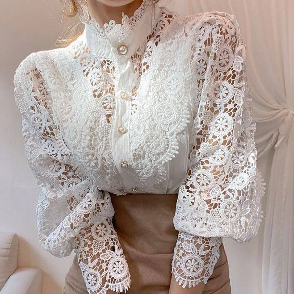 

Elegant Ladies Blouse Autumn Winter New Hollow Out Shirt Lace Camisa De Dama Manga Larga Long Sleeve Shirts Blusa Feminina