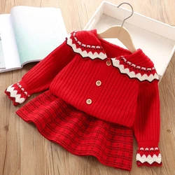 Children's Sweater Set 2023 Autumn/Winter New Korean Edition Little Girls' Fashionable Polo Neck Knitted Cardigan Skirt 2PCS