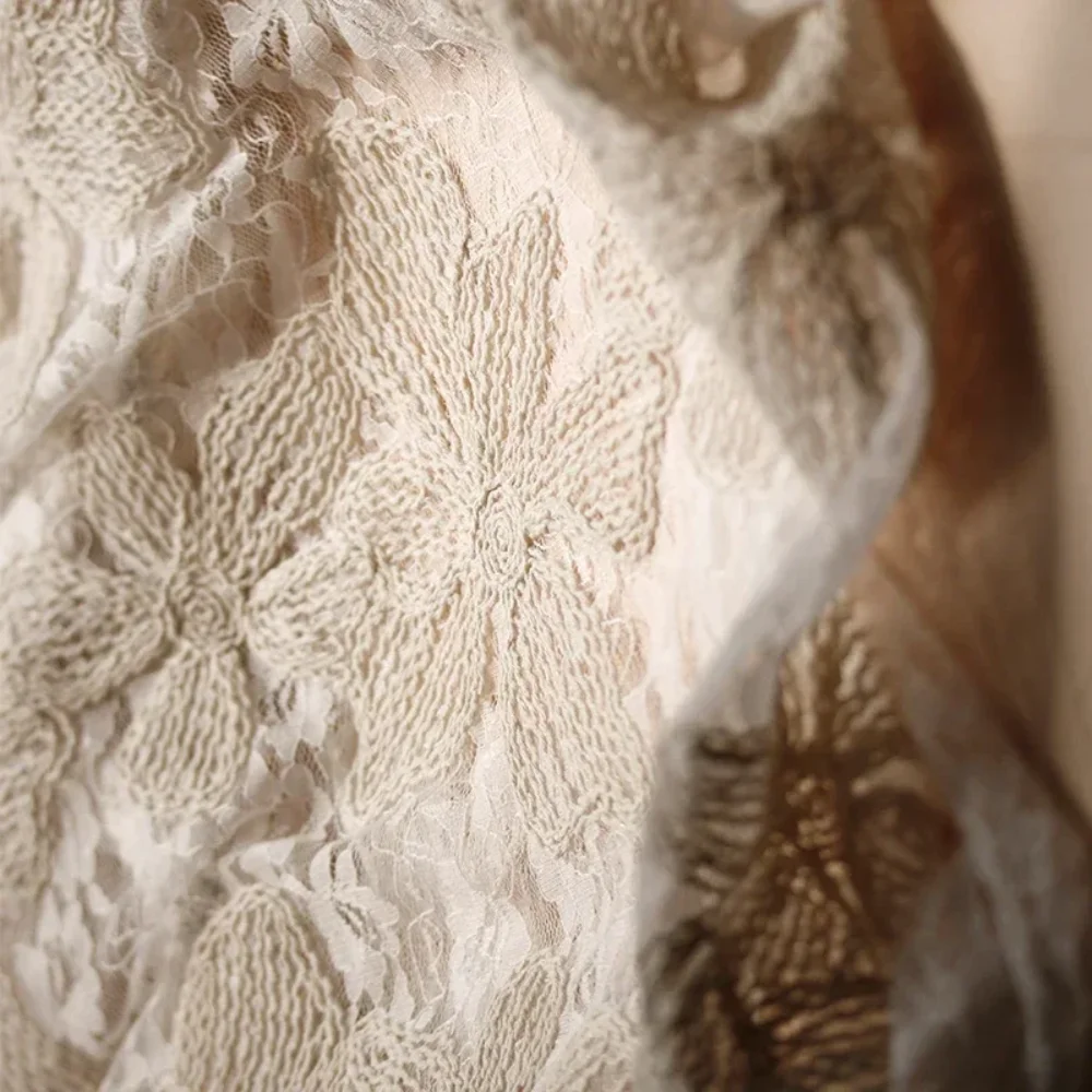 

Beige Floral Lace Transparent Yarn Fabric Vintage Dress Clothing Designer Fabrics for Diy Sewing Material Cloth By Meters
