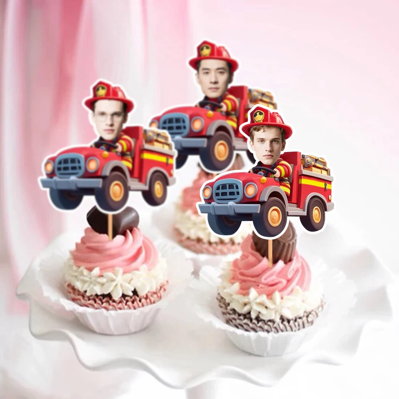 12/24 Stück Personalisierte Porträt-Gesichts-Kuchendekoration im Coolen Feuerwehrmann-Stil für Erwachsene und Kinder Geburtstagsfeier Lustige Auto-Gebäck-Topper Ornamente