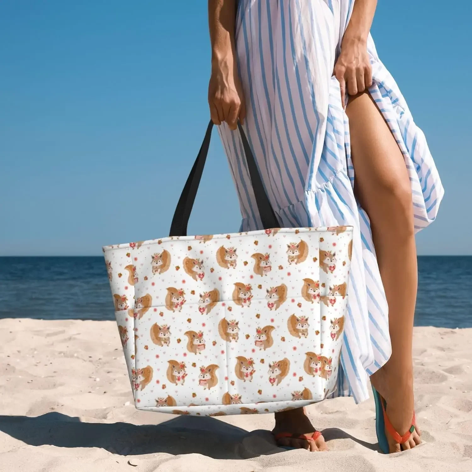 Large Beach Bags Waterproof Sandproof - Cute Squirrel No.20064 Cute Beach Tote Bags for Women with Zipper