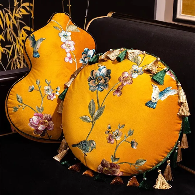 New Chinese Style Pillow Living Room Cushion Waist Pillow Luxury Embroidery with Tassel Pillow Sofa Car Home Wedding Lucky Decor