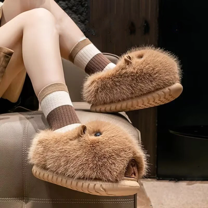 2024 Winter New Cute Kapibala Cotton Slippers Women's Home Warm Thick-soled Cotton Shoes Anti-slip Plush Slippers Lady Slippers