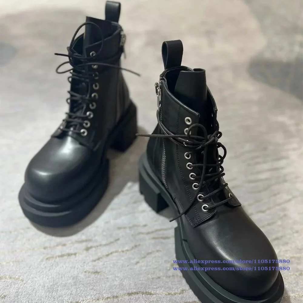Thick-Soled Men's Boots Black Leather Round Toe Side Zipper Booties Trendy Luxury Designer Handmade Men's Shoes Botas Mujer
