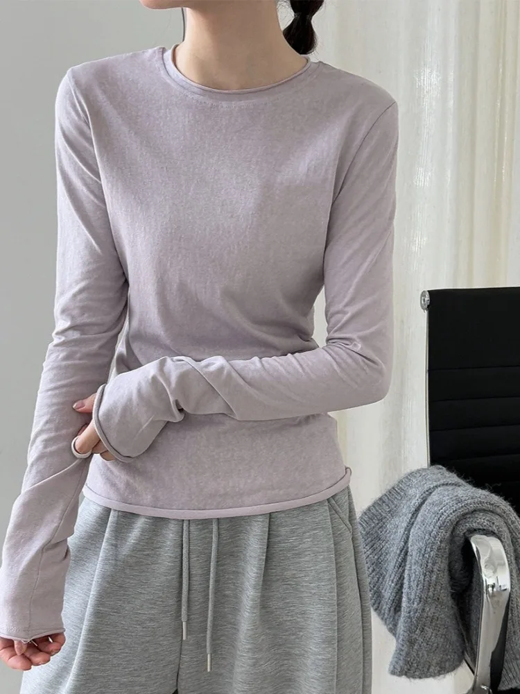 LIinar Korean-Style 2026 Versatile Rolled-Collar T-Shirt Base Layer for Women New Fall Long-Sleeve Fitted Top