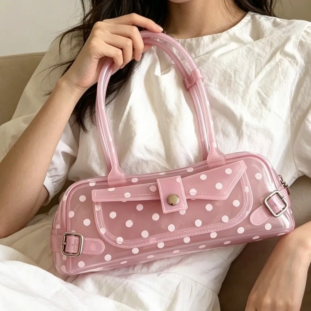 

Sweet Pvc Jelly Tube Handbag Transparent Polka Dot Tote Bag Waterproof Mini Top Handle Vacation