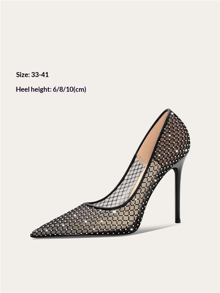 Spring and summer pointed shallow rhinestone mesh single shoes banquet large size small size thin high-heeled women's sandals