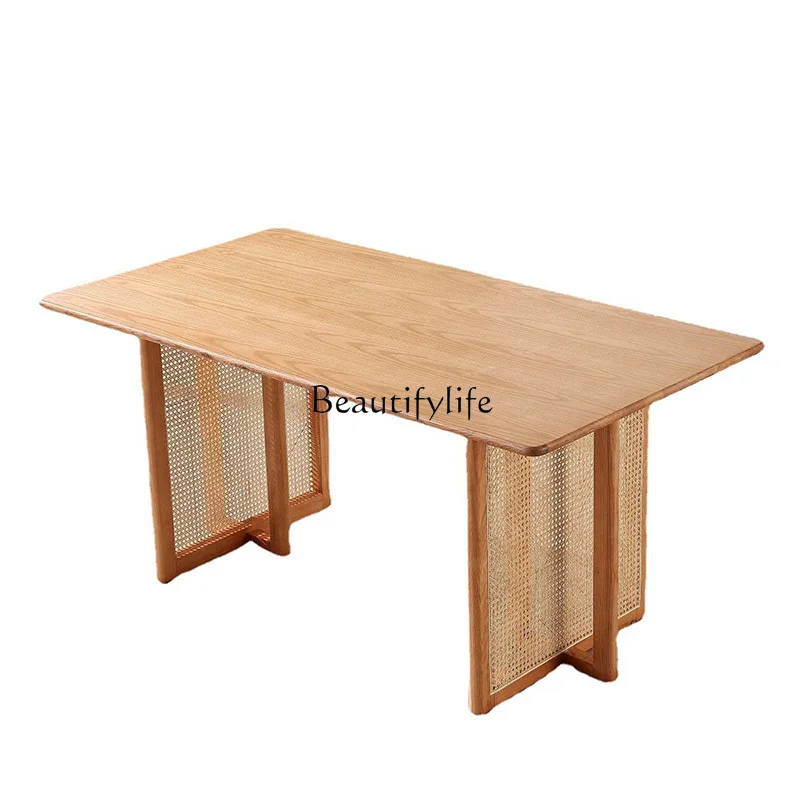 

Nordic solid wood dining table rattan rectangular small apartment modern simple oak dining table