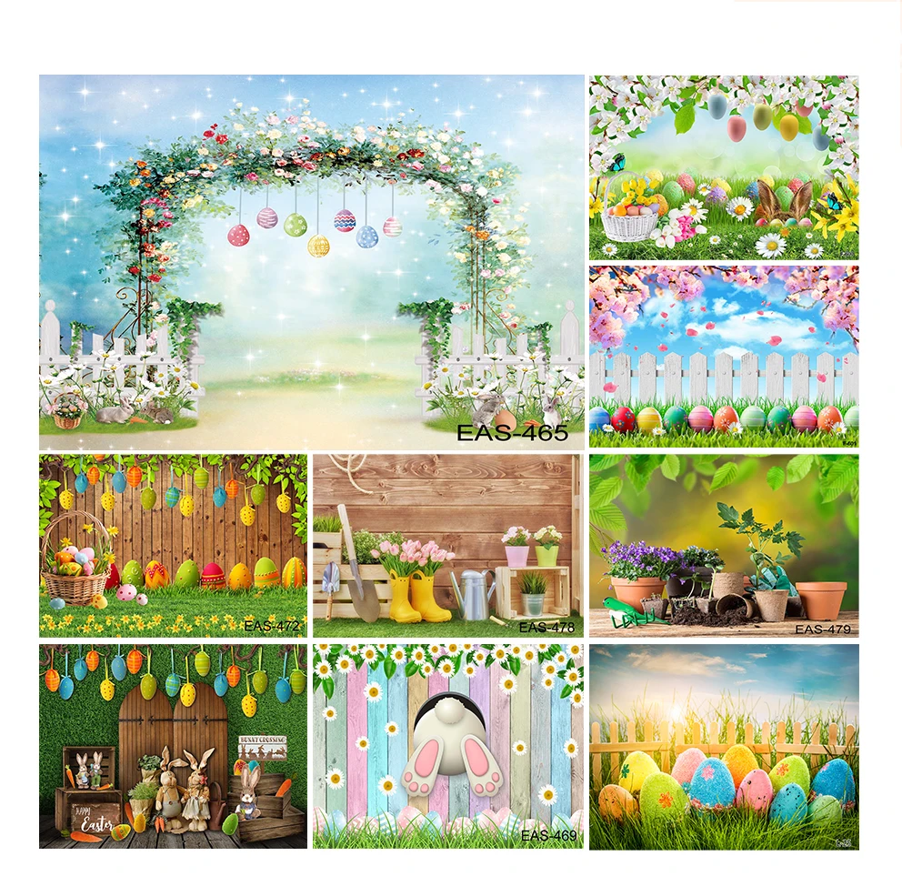 Spring Easter Floral Backdrop Pictures Bunny Colorful Eggs Fence Carrot Wall Decor Photography Background Rabbit Grassland Props