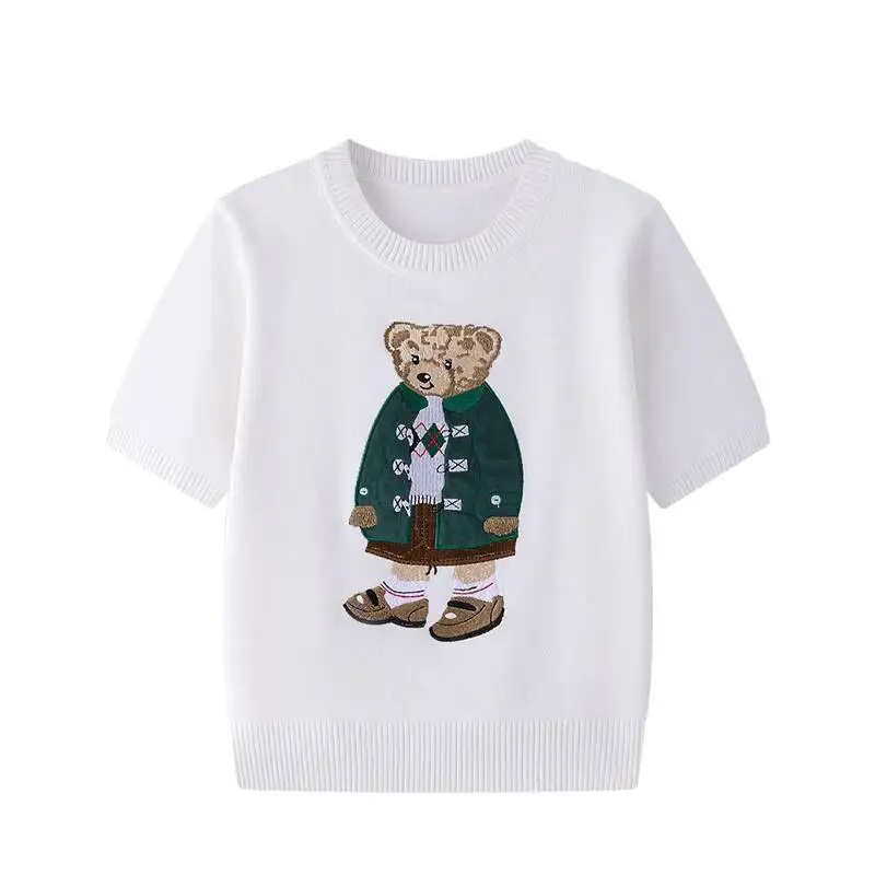 

New Summer Women's Cartoon Bear Embroidery Knitted Sweater European Style Short Sleeve Casual Jumperes Round Neck Knitwear Tops