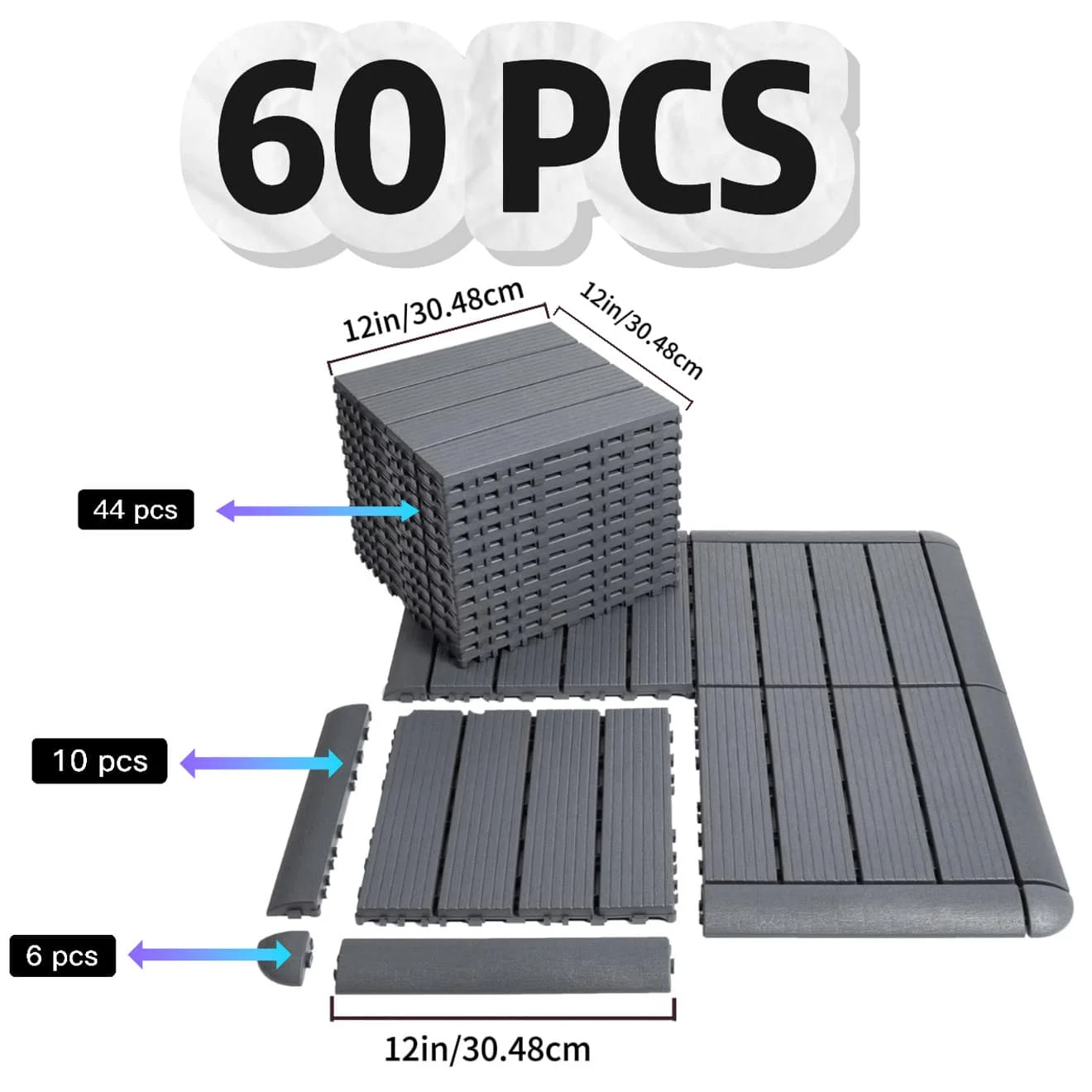 60-Piece Set 12x12-Inch Gray Outdoor Interlocking Floor Tiles | Straight-Stripe Non-Slip Surface | PP Material | Suitable For Ou