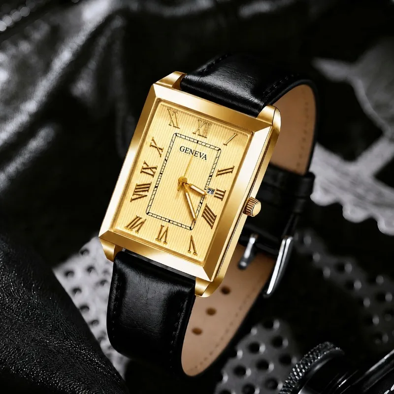 Luxury Men's Watch Vintage Gold Roman Number Dial Leather Strap Quartz Watch for Man Business Casual Male Watch Clock Gift