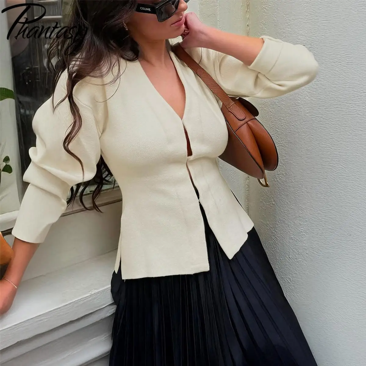 Phantasy Women's Fashion Knit Cardigan Vintage Solid Color Knitted Tops Casual Style Simple Line Design Elegant Retro Cardigan
