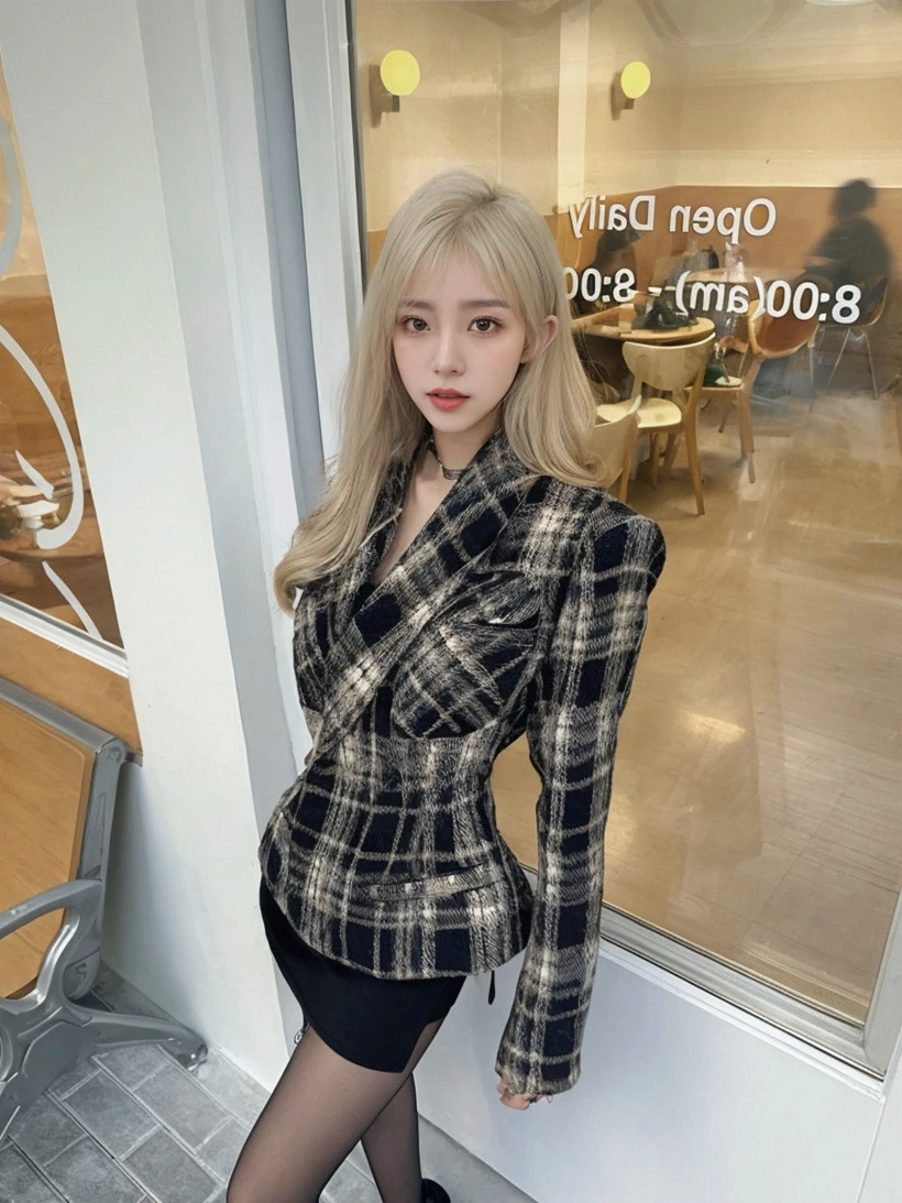 MiiiiX Retro Fashion Plaid Woolen Suit Jacket Women's Blazer Autumn 2024 New Slim Waist Notched Quilted Coat Thicken Outerwear