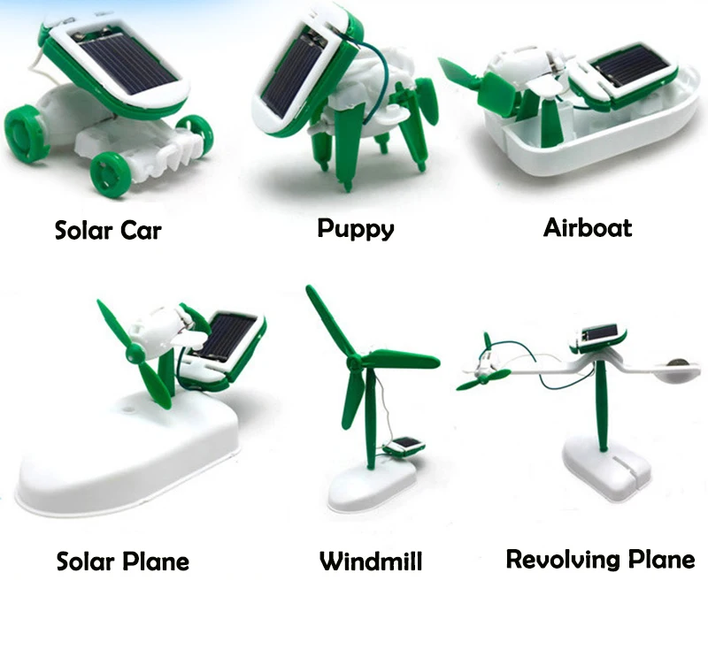 Energía renovable con nuestro juguete Solar seis en uno, regalo educativo, Kit de bricolaje, construir Avión de energía, barco, coche, tren, modelo