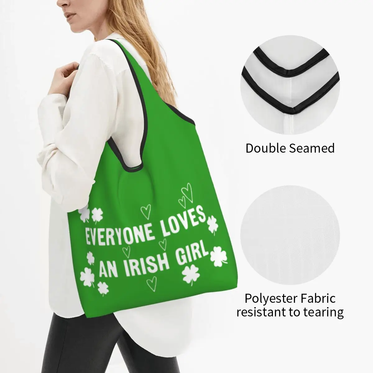 Large Reusable Everyone Loves An Irish Girl Grocery Bags Recycle St Patrick's Day Irish Shopping Eco-Friendly Bag Fits in Pocket