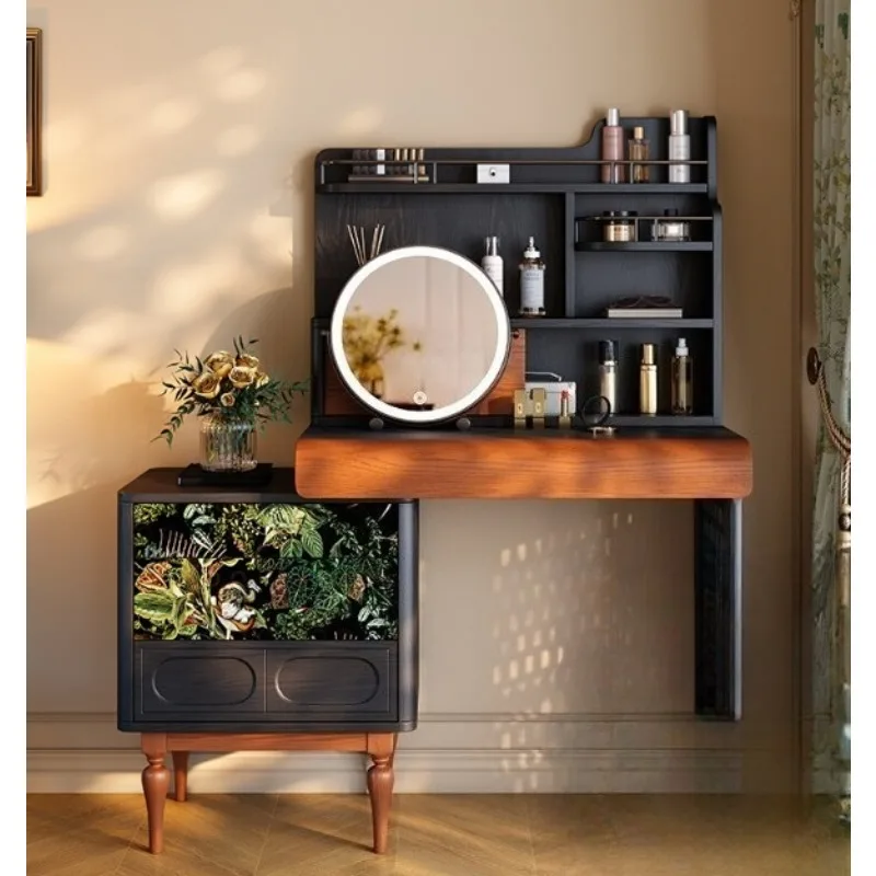 

Bedside table Dresser Integrated bedroom Solid wood dresser French retro black ash wood makeup table