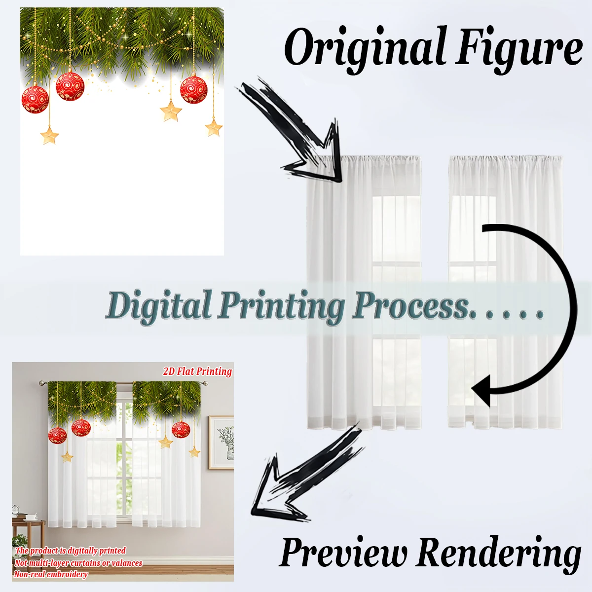 ستارة شفافة للمطبخ بطباعة مسطحة لعيد الميلاد مع فرع كرة عيد الميلاد على شكل نجمة من الصنوبر لحفلات ديكور المنزل في عيد الميلاد