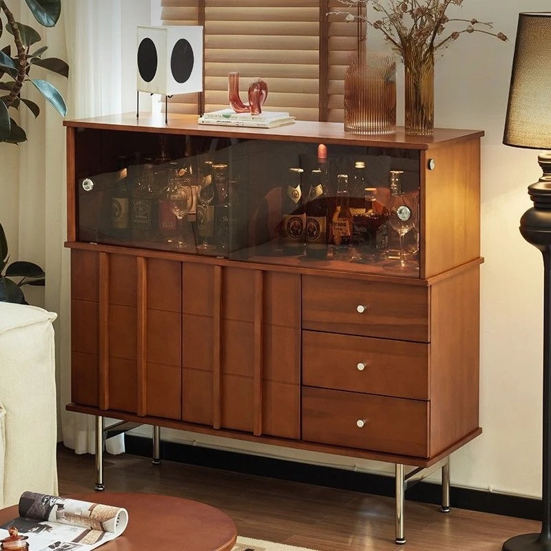 

Antique solid wood dining side low cabinet retro small apartment glass locker display cabinet living room storage wine cabinet N