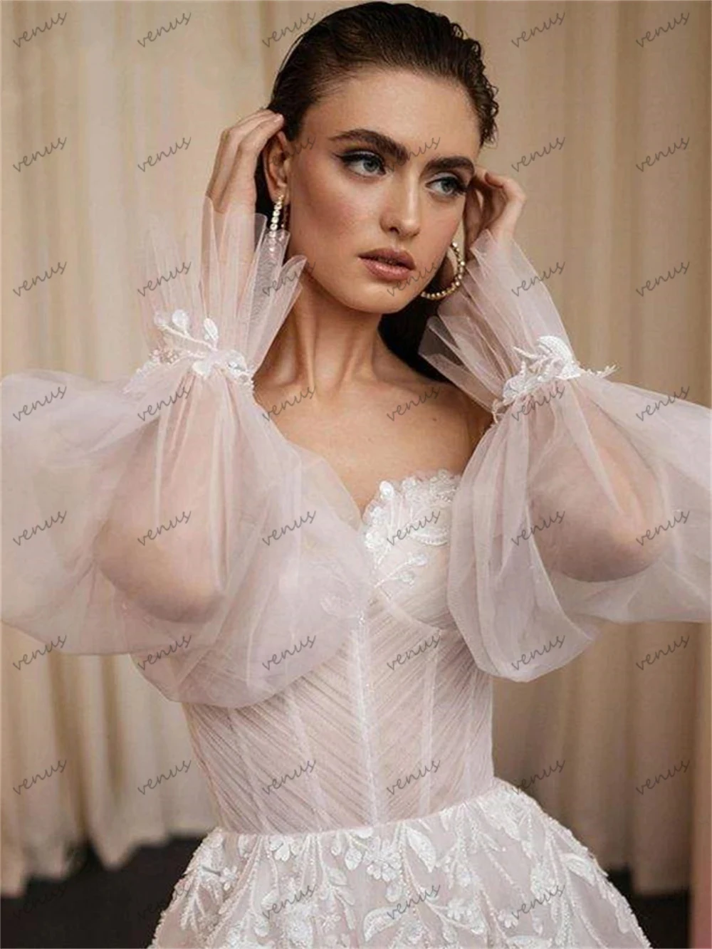 Vintage Wedding Dresses A-Line Tulle Tiered Bridal Gowns Lace Appliques Long Puff Sleeves Robes For Women 2024 Vestidos De Novia