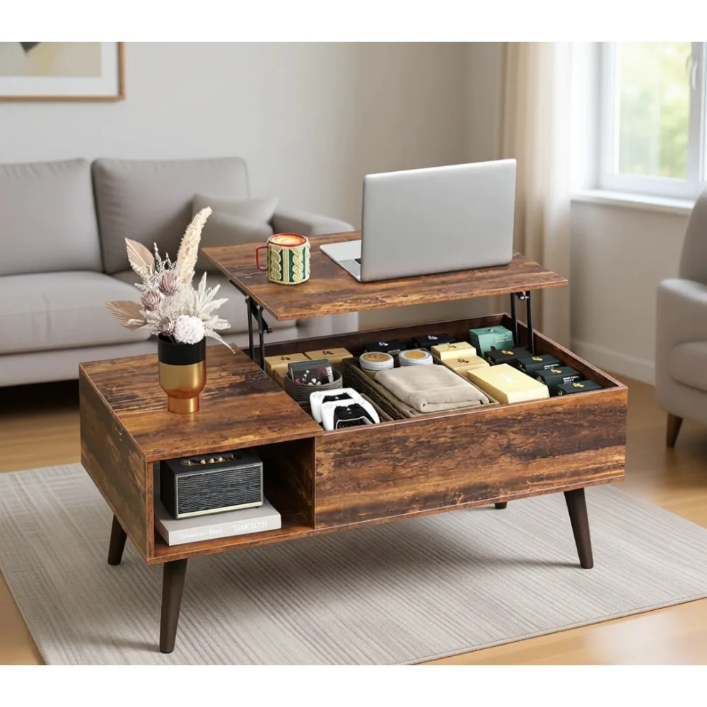 39" Lift Top Coffee Table with Storage for Living Room, Wooden Tabletop Reception Room, Rustic Brown