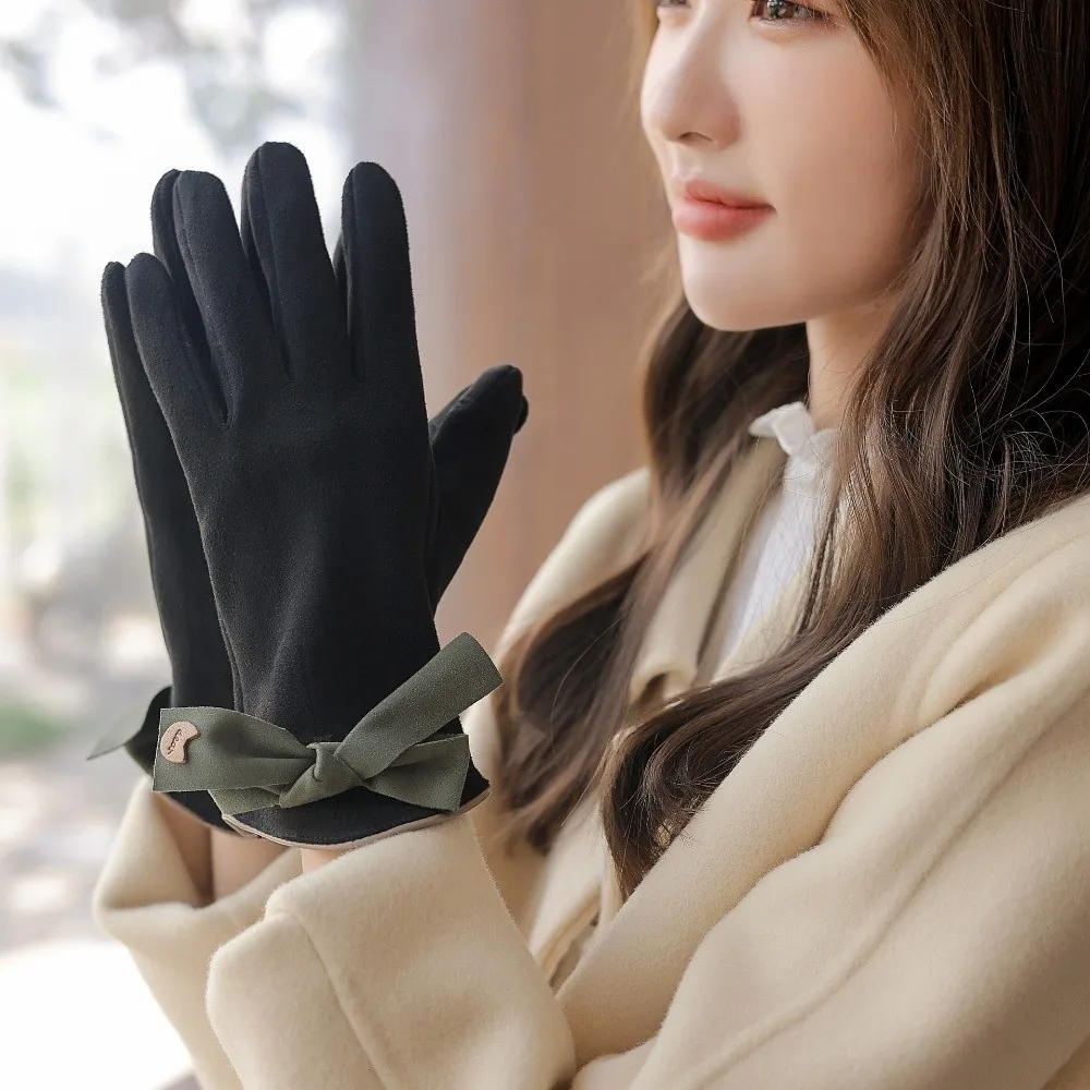 قفازات قطيفة ذات إصبعين بفيونكة ناعمة وسميكة من جلد الغزال بألوان متباينة من البوليستر للنساء قفازات مضادة للبرد للشتاء #1