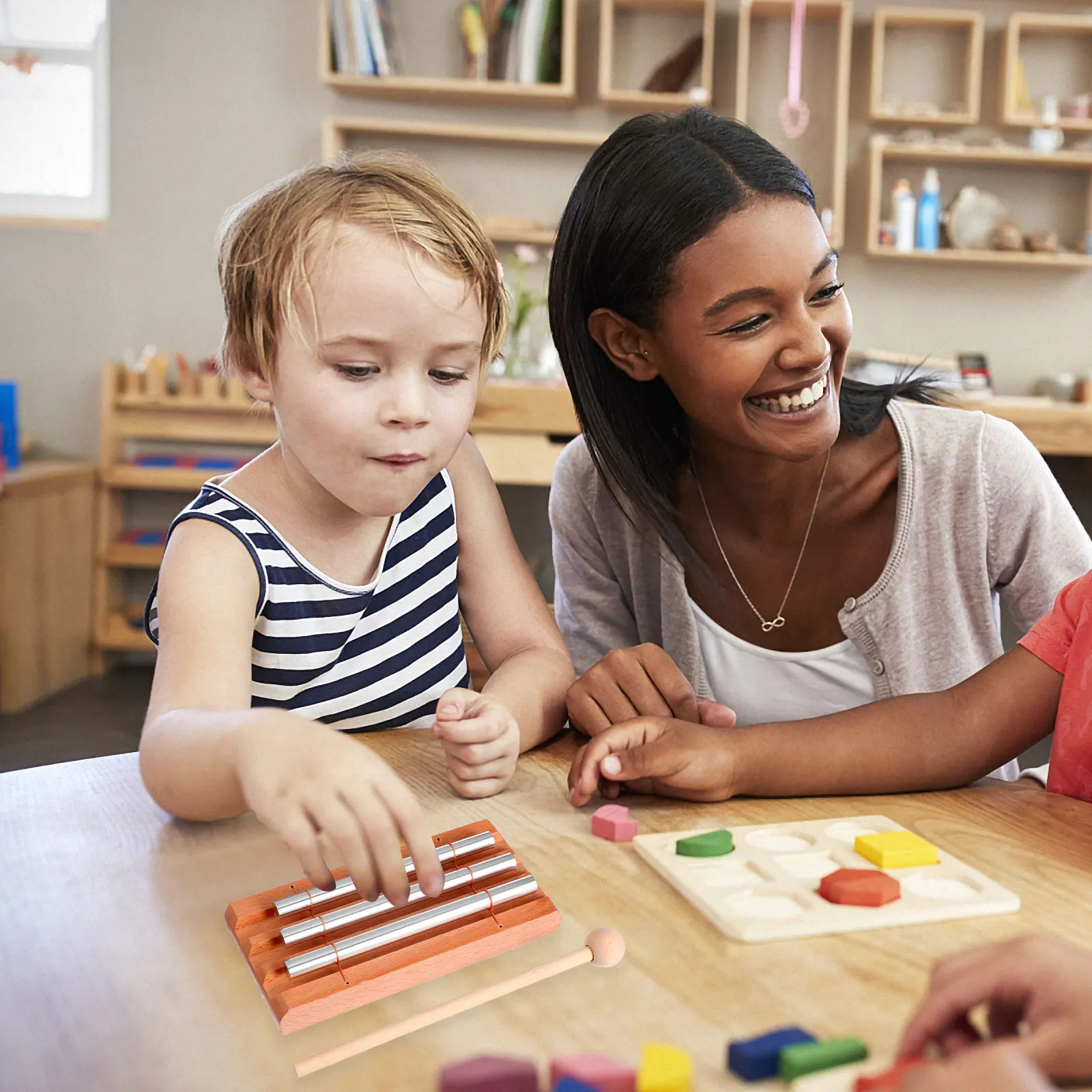 

3-Tone Tabletop Chime Wooden Metal Musical Percussion Instrument Educational Meditation Instrument Tabletop Chime