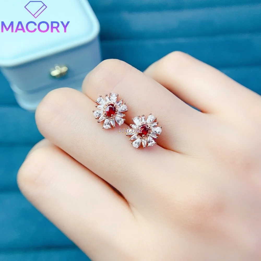 S925 Sterling Silver Natural Ruby Stud Earrings Flower Design Exquisite and Minimalist Shiny and Eye-Catching Christmas Gift
