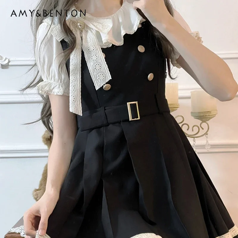 2024 New Japanese Jk Uniform Original Design Apricot Bow Shirt Top Black Belt Strap A Line Waist Slim Dress Suit For Girls