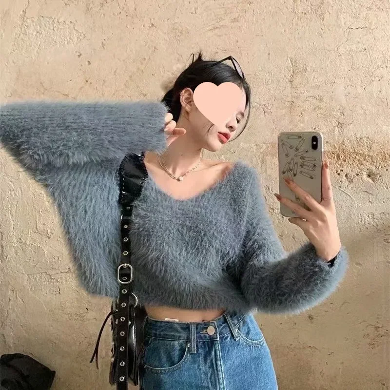 Women's Autumn/Winter New Style Soft Supremely Cropped Sweater Off-The-Shoulder Inner Knitted Top Long Sleeve Pullovers